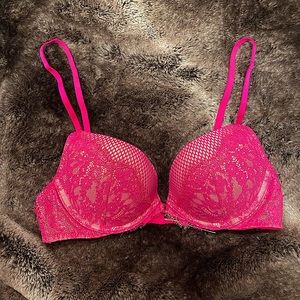 Victoria’s Secret Very Sexy Push Up Bra 34A Hot Pink Fishnet Foil Lace